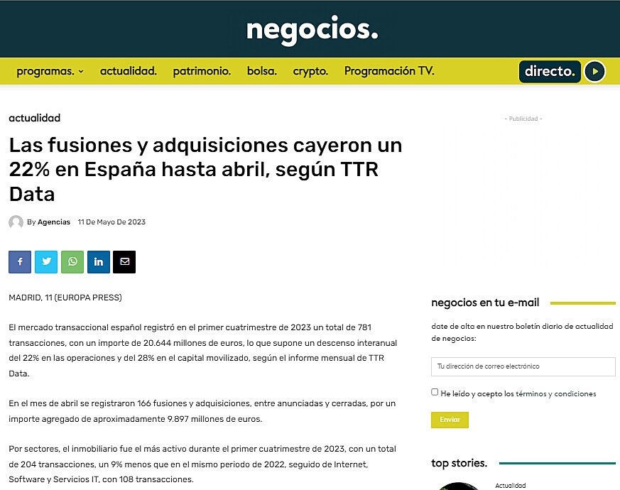 Las fusiones y adquisiciones cayeron un 22% en Espaa hasta abril, segn TTR Data